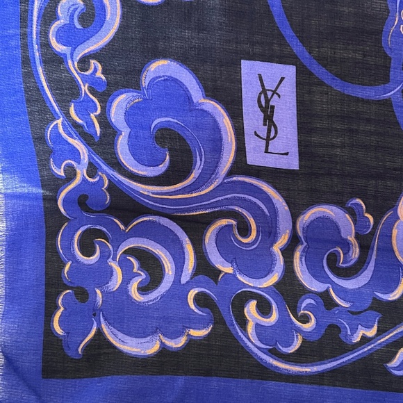 YSL Accessories - YVES SAINT LAURENT YSL Large Square Scarf Blue Black Fringe Made Italy Silk Wool